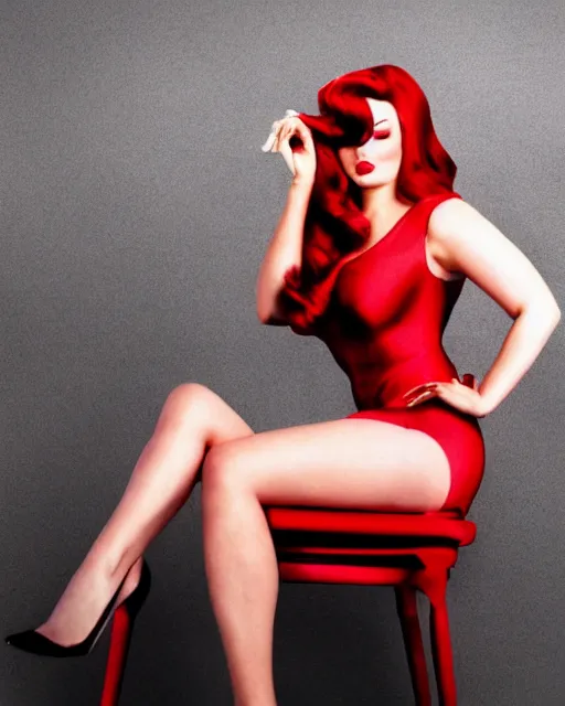 Prompt: Jessica Rabbit wearing red dress eating a bag of Doritos, sitting on a chair, photograph