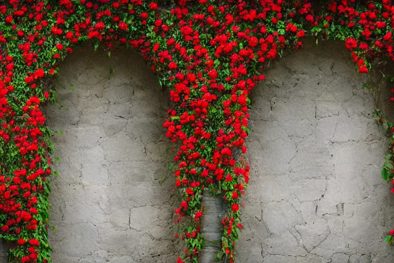 Prompt: broken arches leading to the pillars of eternity draped with red flowers and vines, blue sky, ultra detailed, intricate, sharp focus, 8K,