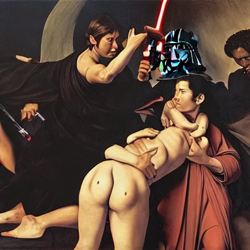 Prompt: a caravaggio artwork film still of star wars, artwork by caravaggio