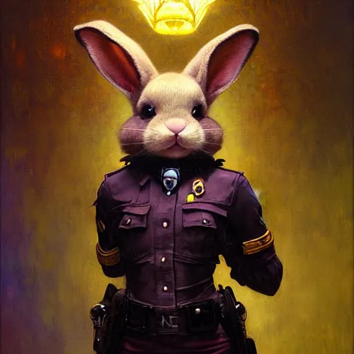 Image similar to portrait of a female furry bunny face in a police uniform. shadowrun furaffiniy cyberpunk fantasy highly detailed painting by gaston bussiere craig mullins jc leyendecker gustav klimt artgerm greg rutkowski john berkey, bergey, craig mullins, ruan jia, raymond swanland, jeremy mann, tom lovell, alex malveda