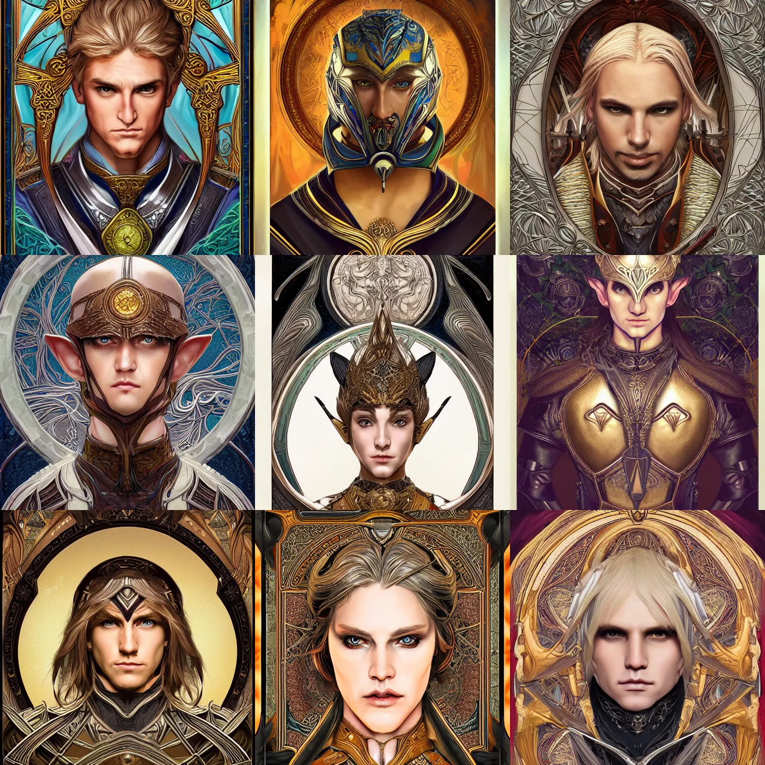 Prompt: head-on symmetrical centered painted portrait, elf male ranger, blonde hair, leather armour, art nouveau, tarot card style, complex fractal tarot card background, fantasy, intricate, elegant, highly detailed, smooth, sharp focus, illustration, artstation, in the style of Artgerm and Anna Podedworna and Alex Ross and Mucha