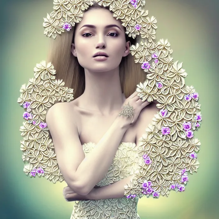 Prompt: photo portrait of a beautiful woman like a queen-flower-angel, dressed in long elegant intricate ornamental flowers white dress, natural skin tone, intricate fractal highly detailed flowers ornament in the upper side of breast, bust with a very long neck , elegant, highly detailed intricate flowers ornament in her blond long hair, Realistic, Refined, Highly Detailed, Cinematic pastel Lighting, fine art photography by Paolo Roversi, volumetric lighting, hyper realistic photography