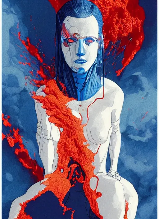 Prompt: luxurious royal white and blue astronaut emerging from hot red volcanic lava in cyberpunk theme by conrad roset, nicola samuri, dino valls, m. w. kaluta, rule of thirds, sigma look, beautiful