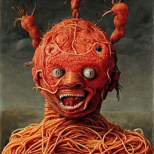 Image similar to a boy made of spaghetti and tomato sauce riding on a giant rhino, looking straight into camera, screaming in pain, by giuseppe arcimboldo and ambrosius benson, renaissance, fruit, intricate and intense oil paint, a touch of beksinski and hr giger and edward munch, realistic