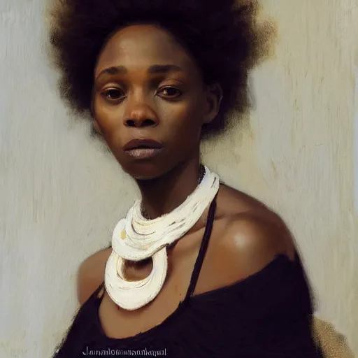Prompt: medium closeup of an african woman with frizzy hair, white dress, downward gaze, choker necklace, by serge marshennikov, nick alm, jeremy lipking