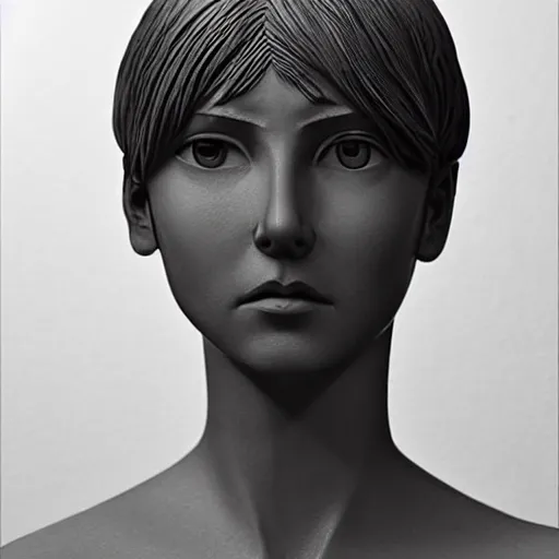 Image similar to A beautiful sculpture. She looks up at me, up and down. She has short-cropped hair, and a scar on her left cheekbone: just a line of black against her deep tan, precise and geometrical. Her eyes are pale green. by Inio Asano rigorous