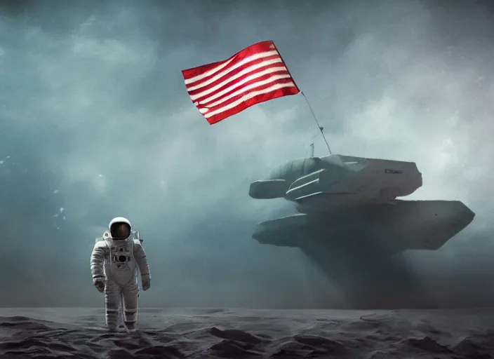 Image similar to astronaut holding a flag in an underwater desert. a submarine is visible in the distance. dark, concept art, cinematic, dramatic, atmospheric, 8 k, trending on artstation, blue, low visibility, fog, ocean floor, christopher nolan, interstellar