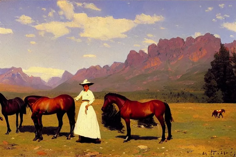 Image similar to scenic mountain meadow with horses and a woman in a long white traditional dress, western oil painting by albert aublet, frederic remington, anna ancher, asher brown durand