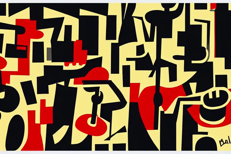 Prompt: abstract art poster of jazz musicians in the style of Stuart Davis, matte illustration, texture,