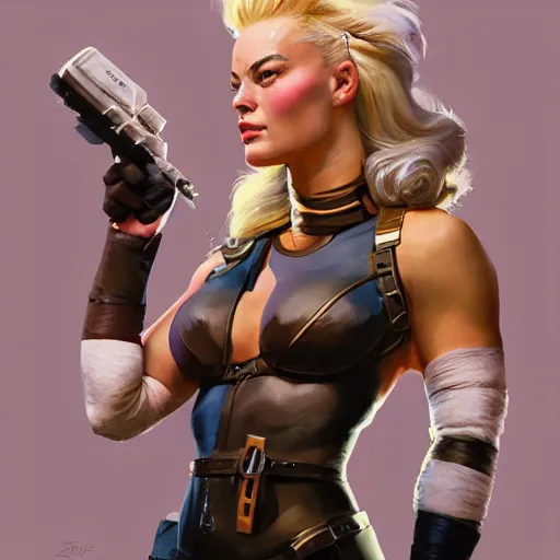 Image similar to greg manchess portrait of margot robbie as zarya from overwatch, epic grimdark, fantasy, medium shot, asymmetrical, profile picture, organic painting, sunny day, matte painting, bold shapes, hard edges, street art, trending on artstation, by huang guangjian and gil elvgren and sachin teng