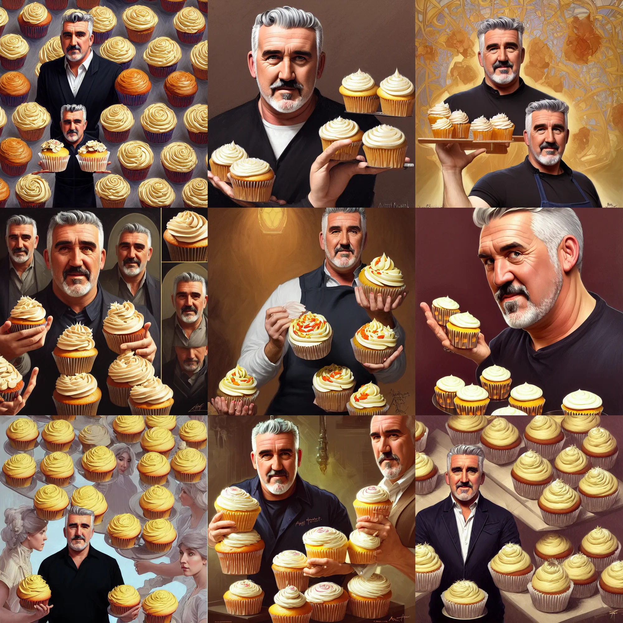 Prompt: symmetry! portrait of a paul hollywood presenting a batch of mouldy cupcakes, happy expression, intricate, elegant, highly detailed, digital painting, artstation, concept art, smooth, sharp focus, illustration, art by artgerm and greg rutkowski and alphonse mucha, 8 k