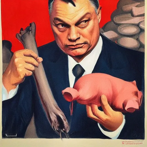 Prompt: highly detailed propaganda poster portrait of the leader of fascist hungary, viktor orban participating in a traditional pig slaughter, painted by edward hopper
