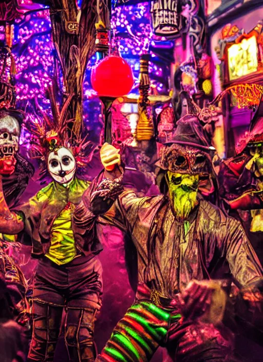 Prompt: aesthetic whimsical horror, silent hill carnival, fools and jesters performing at a carnival, high-resolution, extreme detail, beautiful colorful lights