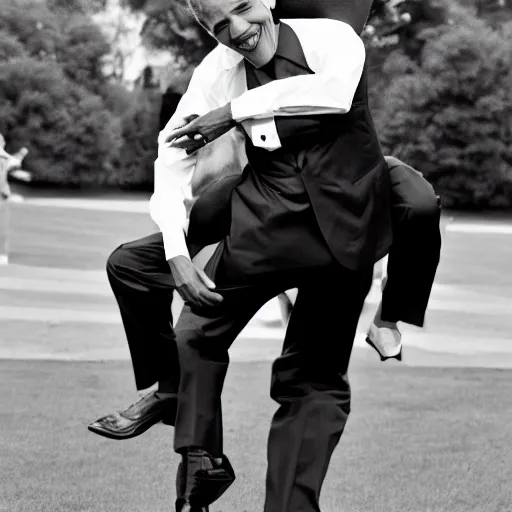 Prompt: black and white photo of barack obama giving bill clinton a piggy back ride