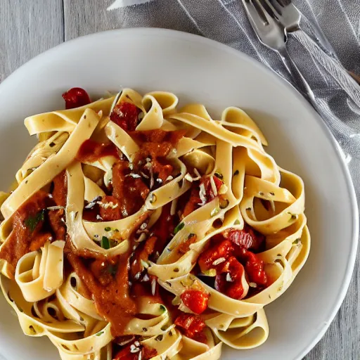 Prompt: a fettuccine pasta with cola sauce, food photography