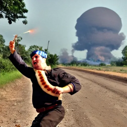 Image similar to a funny, intimidated ukrainian with a chub on his head in a vyshvanka is jumping trying to dodge napalm on the ground from a nuclear mushroom in the background