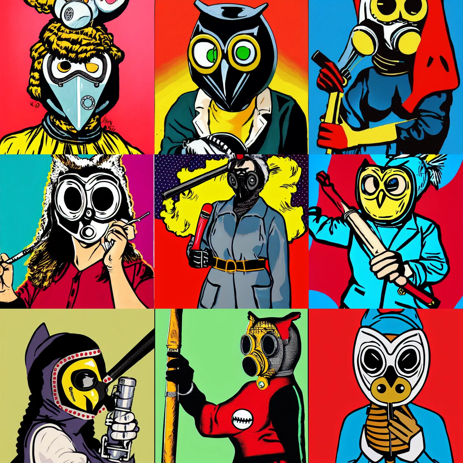 Prompt: an hd pop art portrait painting of a woman in an owl costume mask retrofitted with a gas mask. she is wearing a jacket, and is brandishing a baseball bat in a threatening manner.