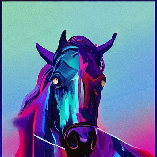 Image similar to a graph style gauche impasto, horse, cyberpunk art by james gilleard, cityscape, depth of field, cgsociety, retrofuturism, synthwave, retrowave, outrun.