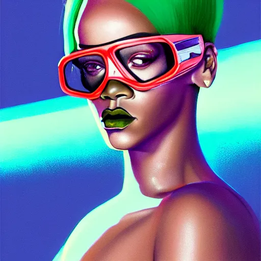 Image similar to Rihanna wearing opaque reflective goggles profile picture by Greg Rutkowski, green Bob wig, asymmetrical, futuristic, volumetric lights, streetwear, studio ghibli, Organic Painting , Matte Painting, geometric shapes, hard edges, trending on the artstation, fantasy LUT, realistic by Sachin Teng + Martin Grip + Moebius + Patrick Gleason, smooth, sharp focus, illustration, art by John Collier and Albert Aublet and Krenz Cushart and Artem Demura and Alphonse Mucha, techwear, Industrial Scifi, detailed illustration, character portrait,