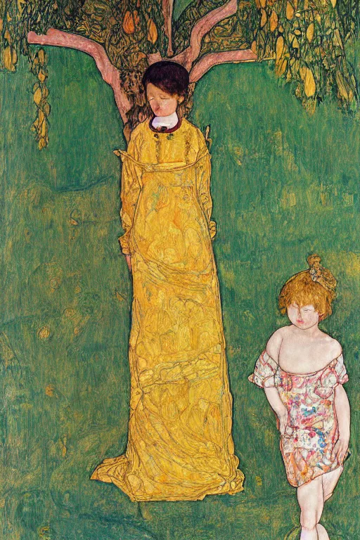 Image similar to girl waer detailed golden arabesque dress with a big tree palm in persian pot, painting by egon schiele