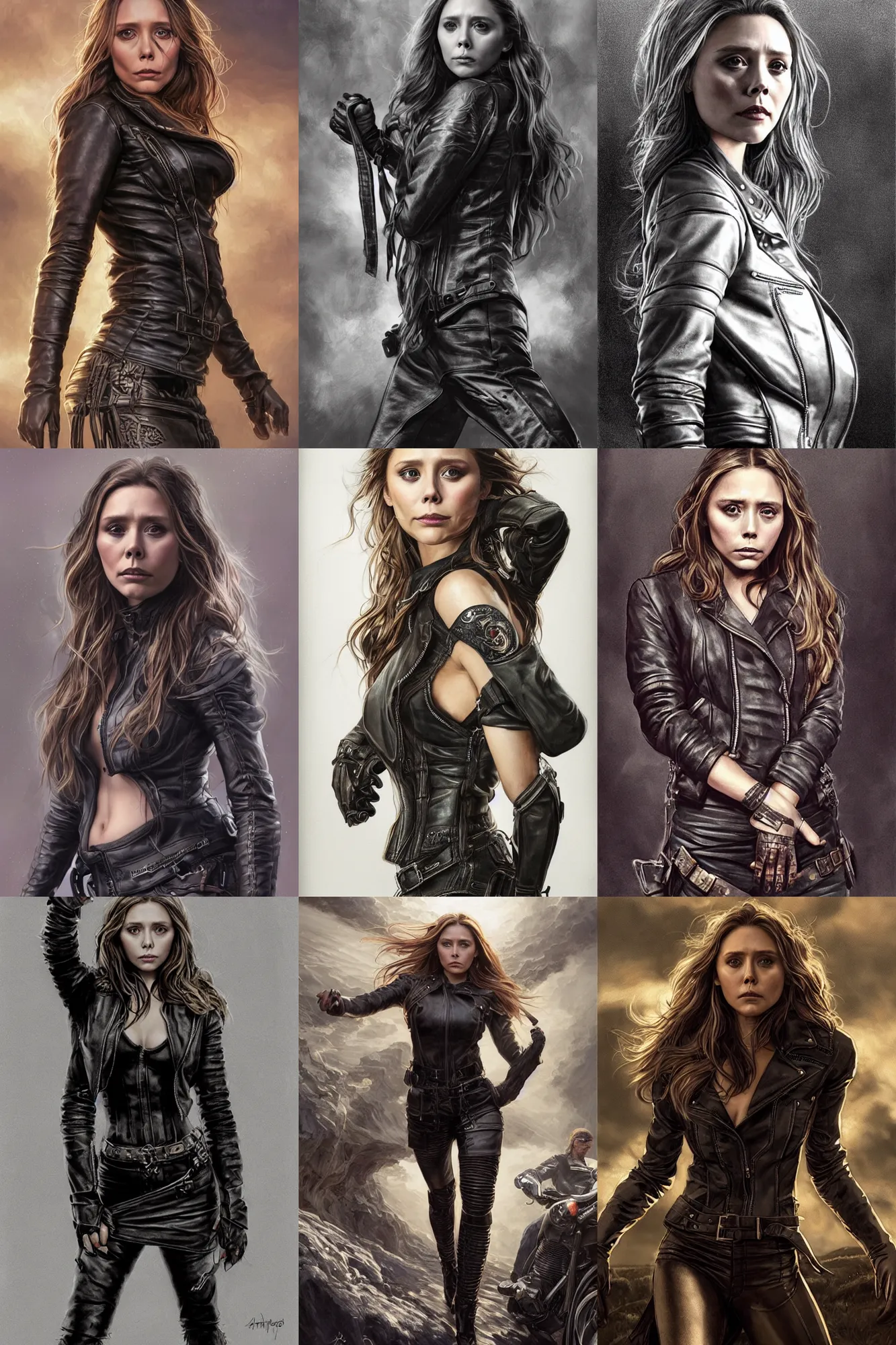 Prompt: muscled Elizabeth Olsen as a ruggedly handsome heroine , dressed in leather biker jacket and leather skirt , backlit, intricate, elegant, highly detailed, centered, digital painting, artstation, concept art, smooth, sharp focus, illustration, art by artgerm and donato giancola and Joseph Christian Leyendecker, Ross Tran, Alex Ross, WLOP