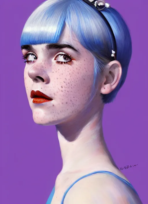 Image similar to portrait of kiernan shipka with freckles, white hair, big 1 9 6 0 s bob hairstyle with bangs and hairband, blue 1 9 6 0 s dress, intricate, elegant, glowing lights, highly detailed, digital painting, artstation, concept art, smooth, sharp focus, illustration, art by wlop, mars ravelo and greg rutkowski