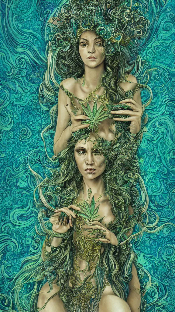 Image similar to Tarot card of the Cannabis Goddess, highly detailed portrait, psychedelic, high fantasy, teal paper, smoke swirls, ultra-detailed, ornate, elaborate, intricate metallic details, mixed media, realistic composition, point of interest at golden ratio, light from top, more darkness on bottom, high quality of sketching, highly detailed, octane render, 8k