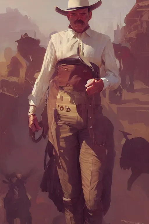 Prompt: portrait of retro futuristic cowboy, spaghetti western, train station, hot day, digital art from artstation by Ruan Jia and Mandy Jurgens and Artgerm and william-adolphe bouguereau and Greg Rutkowski