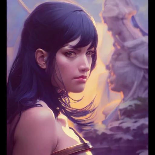 Image similar to highly detailed vfx portrait of nico robin, stephen bliss, greg rutkowski, loish, rhads, beeple, makoto shinkai, tom bagshaw, alphonse mucha, sharp focus, art by artgerm and greg rutkowski, stanley kubrick, backlit, harsh overhead sunlight,