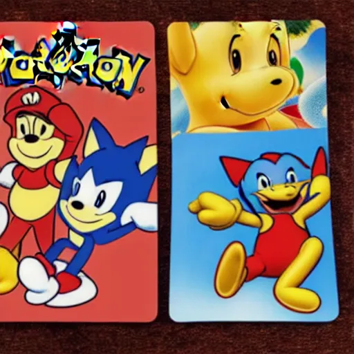 Image similar to photograph of winnie the pooh and super mario and sonic the hedgehog anime style, on pokemon card packs at target