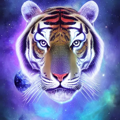 Image similar to geometric symmetrical tiger with galaxy eyes in space, nebula in the background, intricate, elegant, highly detailed, digital painting, artstation, concept art, smooth, sharp focus, illustration, art by artgerm