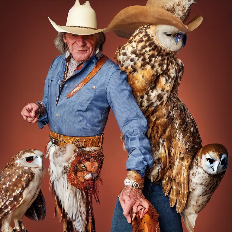 Image similar to high fashion photoshoot octane render portrait by wayne barlow and carlo crivelli and glenn fabry, a distinguished old cowboy wearing a colorful wes anderson designed cowboy costume and holding a barn owl inside a high - end exotic colorful pastel vintage boutique hotel lounge, very short depth of field, bokeh