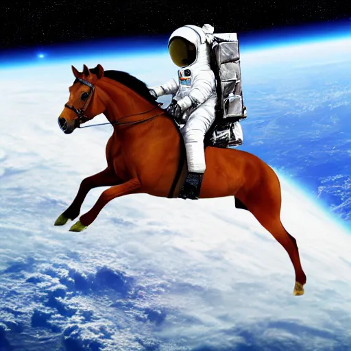 Image similar to a horse above a man in space suit, horse riding astronaut, space background, art