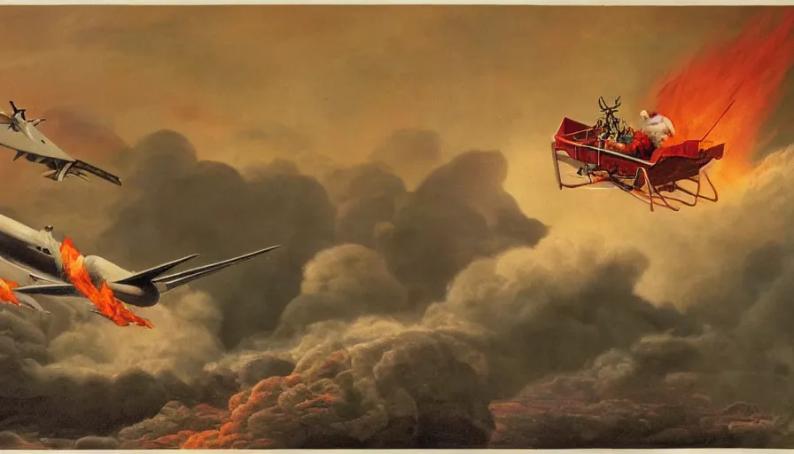 Image similar to santa claus sleigh being shot down by a surface to air missile, fiery explosion, matte painting, hard edges, masterpiece, impressive detail