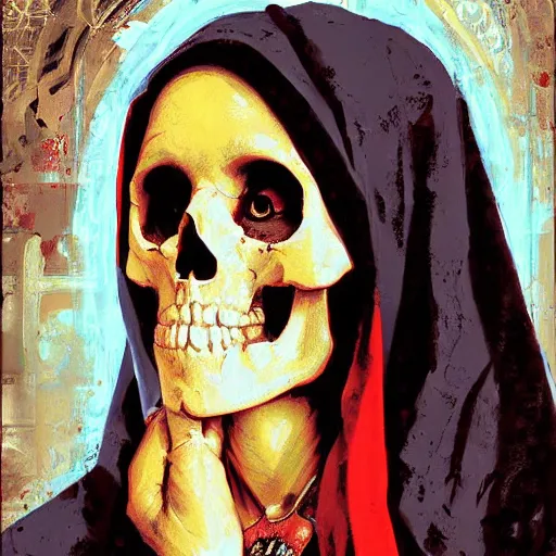 Image similar to painting of the virgin mary skull face by greg rutkowski and jc leyendecker with graffiti pop art