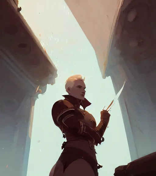 Prompt: portrait of cullen from dragon age with a beautiful woman he loves by atey ghailan, by greg rutkowski, by greg tocchini, by james gilleard, by joe fenton, by kaethe butcher, dynamic lighting, gradient light blue, brown, blonde cream and white color scheme, grunge aesthetic