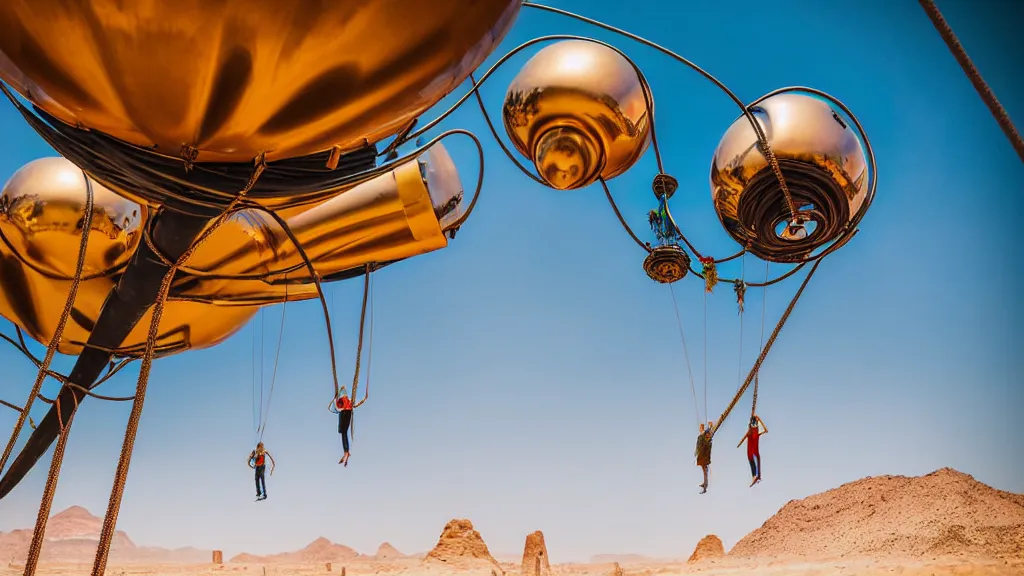 Image similar to large colorful futuristic space age metallic steampunk balloons with pipework and electrical wiring around the outside, and people on rope swings underneath, flying high over the beautiful ancient desert city landscape, professional photography, 8 0 mm telephoto lens, realistic, detailed, photorealistic, photojournalism