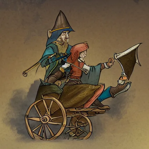 Prompt: illustration of a cart being ridden by a halfling wizard, high elf ranger, dragonborn, elven bard, dungeons and dragons