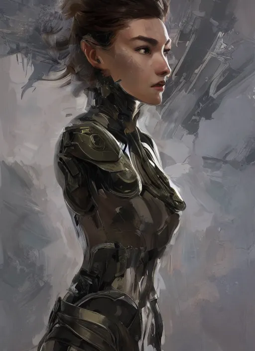 Prompt: a professional painting of a beautiful young female, clothed in stealthy military armor, olive skin, long dark hair, beautiful bone structure, symmetrical facial features, intricate, elegant, digital painting, concept art, smooth, sharp focus, illustration, from Metal Gear, by Ruan Jia and Mandy Jurgens and Artgerm and William-Adolphe Bouguerea