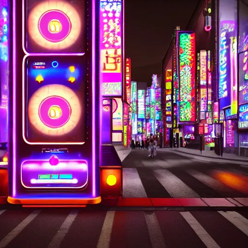 Prompt: The Sentient Dreamer, sentient pachinko machine on the streets of Neon Tokyo, octane render, volumetric lighting, sharp focus, surreal, night time