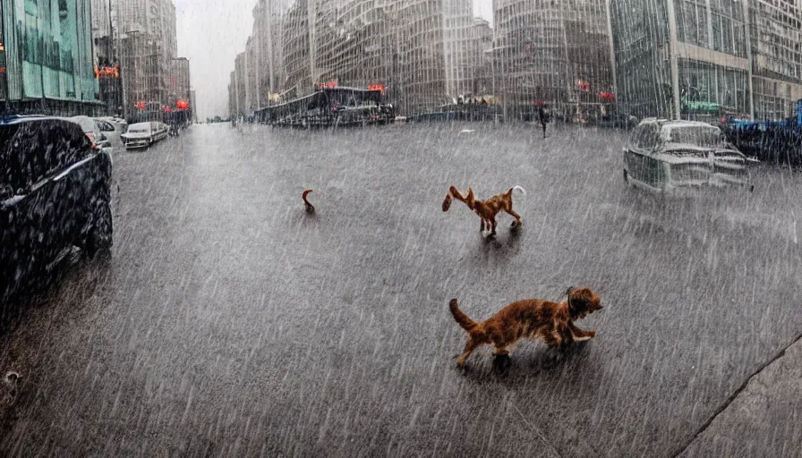 Image similar to its raining kittens and puppies in the most unusual storm ever, surprised people running for cover, some trying to catch the kittens, chaos in the city, high quality, high details, panoramic