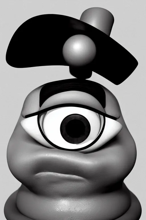 Prompt: Mike Wazowski from Monsters, Inc, wearing a top hat and monocle, black and white photography, hyperrealism, trending on artstation, 4k