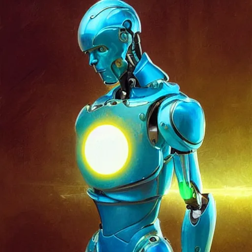 Image similar to a humanoid robot, with blue skin, green metallic joints exposed, golden armour moulded onto its torso. it's head is smooth, with circular eyes that glow. fantasy painting by greg rutkowski