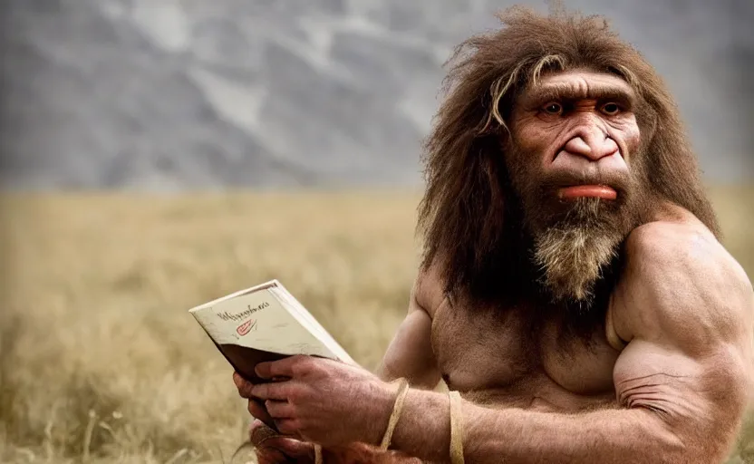 Image similar to a portrait of neanderthal read science book about him in middle of nowhere, perfect dynamic posture, dust, cinematic, perfect dynamic pose, pinterest, very perfect position, award winning photo by national geographic, bokeh