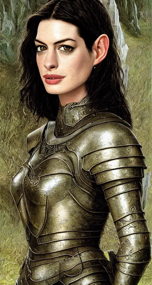 Prompt: Detailed painting of anne hathaway wearing elven armor by Ted Nasmith