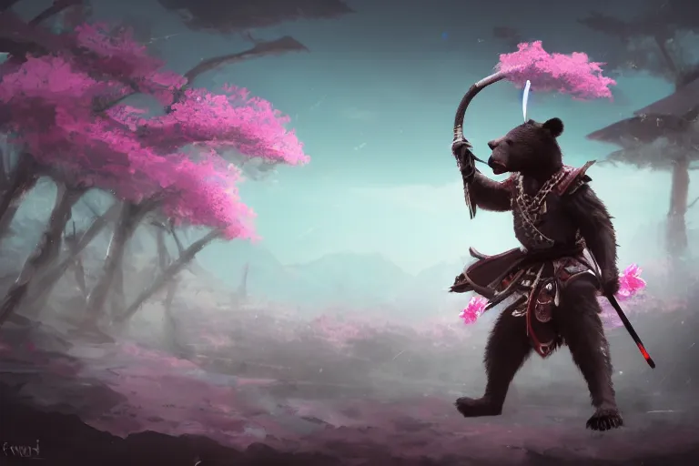 Image similar to an environmental concept art of samurai anthropomorohic black bear, samurai duel, sakura petals blowing in the wind, highly detailed, environmental light, epic, 8 k, artstation, deviantart, award winning, cinematic by francis tneh