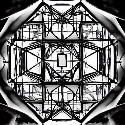 Image similar to collapsing tunnels cascading into echoes of octagon patterns, stuttering squares, staircases that go to infinity, reflection pool, dreamscape, lost, x - files, giger, escher, loish, twilight zone, chaos, mtg, labyrinthine, maze