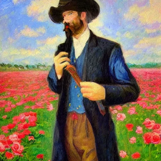 Image similar to an impressionist painting of a tall man with blue eyes that is wearing a wide brim hat and a leather vest. He is holding a revolver in his left hand and a rose is in his right hand. He is standing in a field of roses. He does not have facial hair.