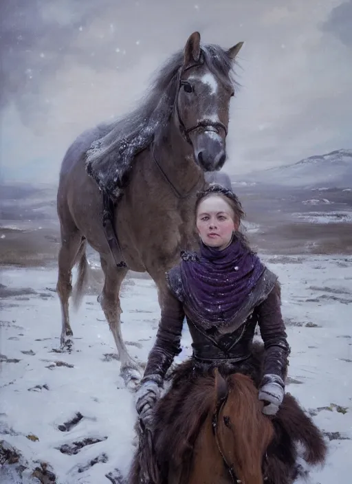 Image similar to portrait of a nordic women in a snowy tundra, the women with violet eyes has a horse, set in game of thrones. by Daniel F. Gerhartz, hyperrealistic oil painting, 4k, very detailed faces, studio lightning