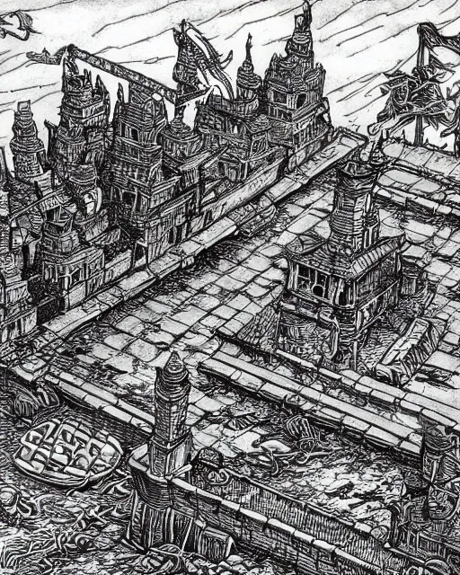 Prompt: pen and ink drawing of the port of peril, fighting fantasy style image, by steve jackson and ian livingstone, highly detailed